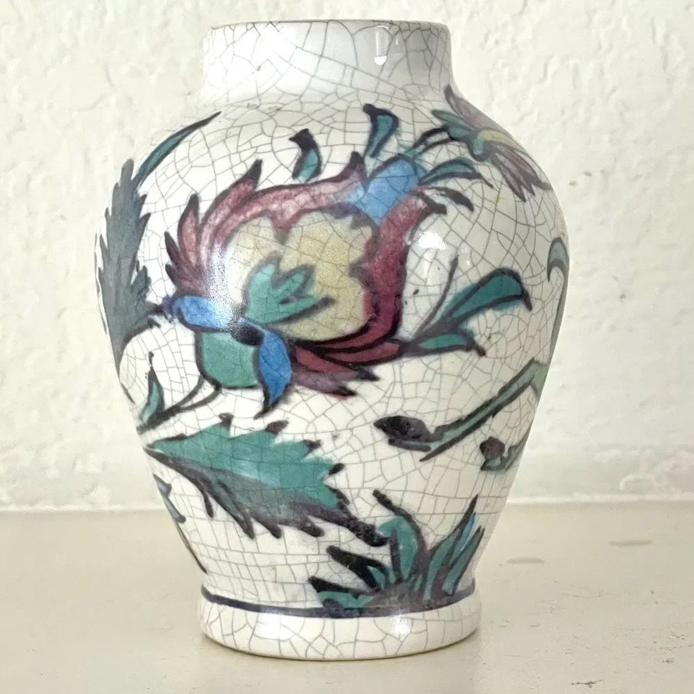 Small pottery barn white vase with flowers and animal